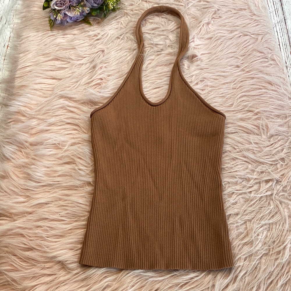DISSH Eddison Brown Knit Ribbed Halter Crop Tank sz M